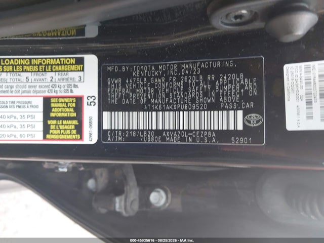 2023 Toyota Camry Xse მანქანა იყიდება აუქციონზე, vin: 4T1K61AKXPU809520, აუქციონის ნომერი: 45935616