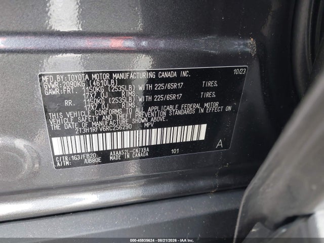 Aukcja sprzedaży 2024 Toyota Rav4 Le, vin: 2T3H1RFV6RC256290, numer aukcji: 45935624