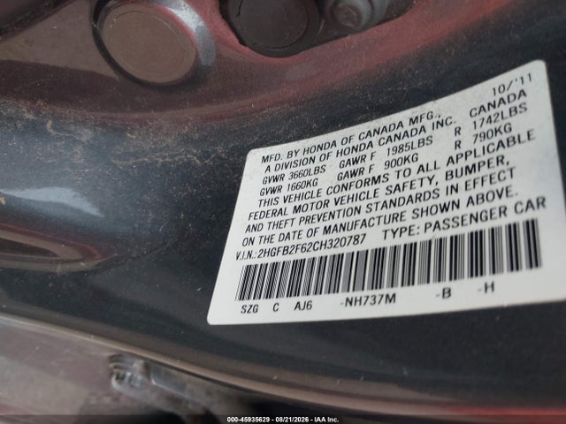 Aukcja sprzedaży 2012 Honda Civic Hf, vin: 2HGFB2F62CH320787, numer aukcji: 45935629