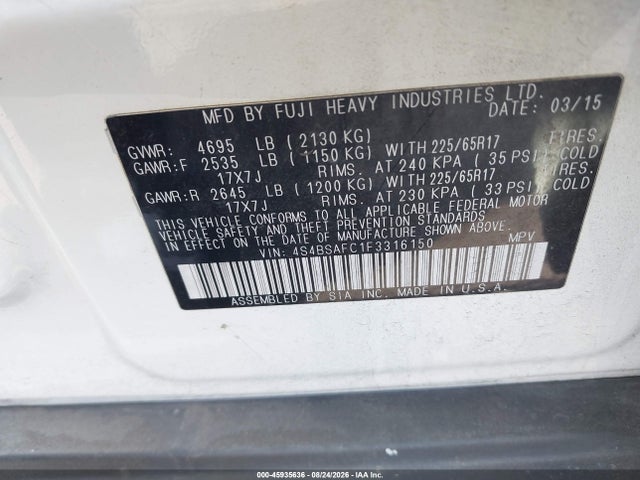 Aukcja sprzedaży 2015 Subaru Outback 2.5i Premium, vin: 4S4BSAFC1F3316150, numer aukcji: 45935636