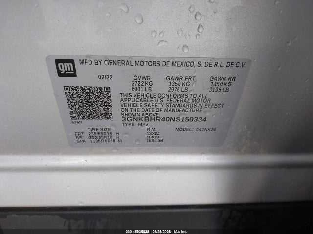 45935638 :رقم المزاد ، 3GNKBHR40NS150334 vin ، 2022 Chevrolet Blazer Awd 2lt مزاد بيع