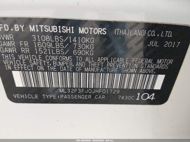 Aukcja sprzedaży 2018 Mitsubishi Mirage G4 Es, vin: ML32F3FJ0JHF01729, numer aukcji: 45935639