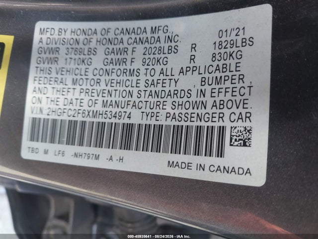 Продажа на аукционе авто 2021 Honda Civic Lx, vin: 2HGFC2F6XMH534974, номер лота: 45935641