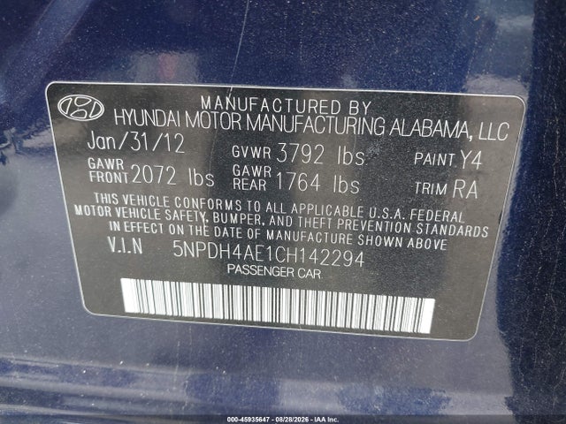Продажа на аукционе авто 2012 Hyundai Elantra Gls, vin: 5NPDH4AE1CH142294, номер лота: 45935647