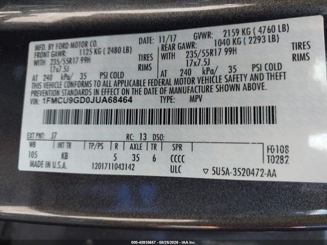 Продажа на аукционе авто 2018 Ford Escape Se, vin: 1FMCU9GD0JUA68464, номер лота: 45935657