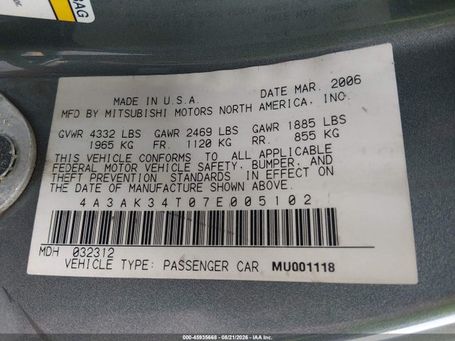 Aukcja sprzedaży 2007 Mitsubishi Eclipse Gt, vin: 4A3AK34T07E005102, numer aukcji: 45935668