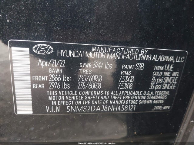 Продаж на аукціоні авто 2022 Hyundai Santa Fe Sel, vin: 5NMS2DAJ8NH458121, номер лоту: 45935680
