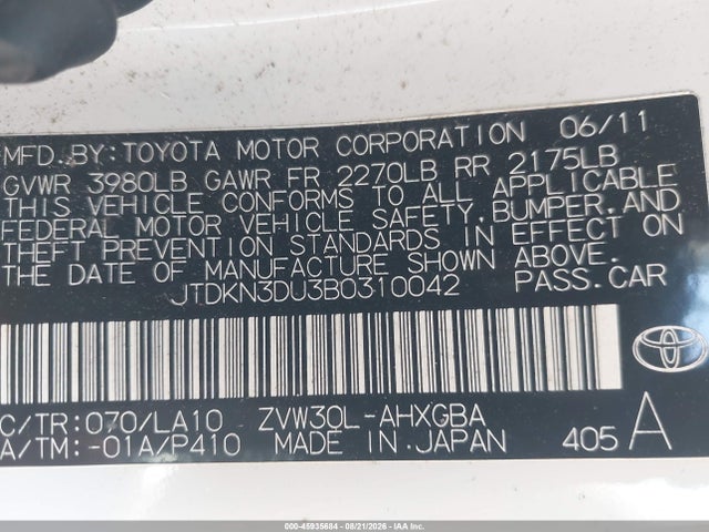 Продаж на аукціоні авто 2011 Toyota Prius Four, vin: JTDKN3DU3B0310042, номер лоту: 45935684