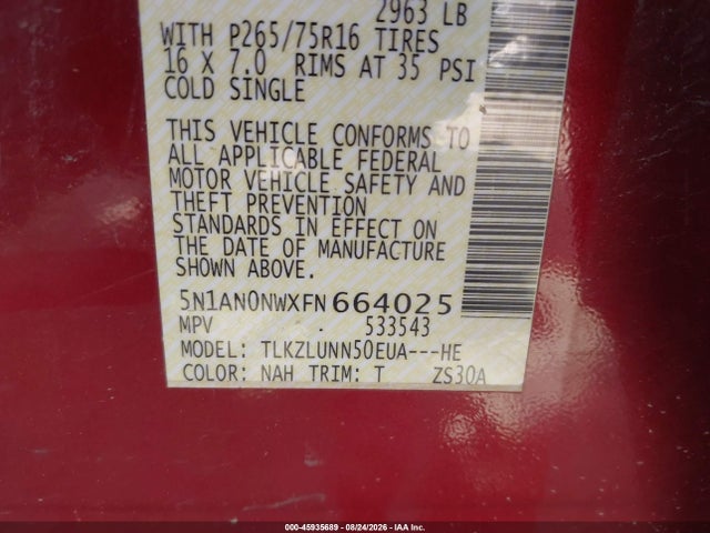 2015 Nissan Xterra Pro-4x მანქანა იყიდება აუქციონზე, vin: 5N1AN0NWXFN664025, აუქციონის ნომერი: 45935689
