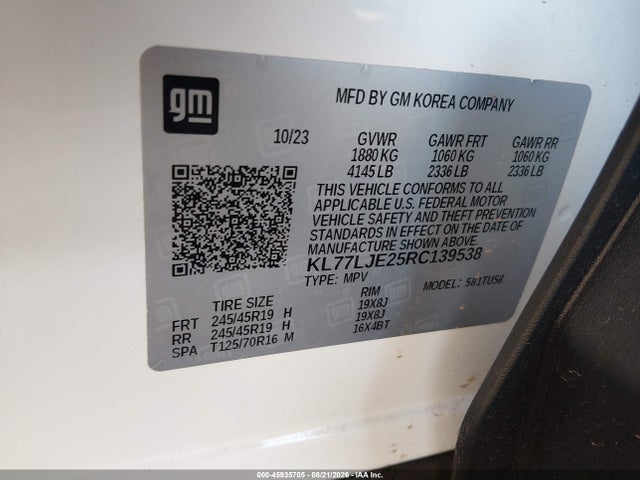 Aukcja sprzedaży 2024 Chevrolet Trax Fwd 2rs, vin: KL77LJE25RC139538, numer aukcji: 45935705
