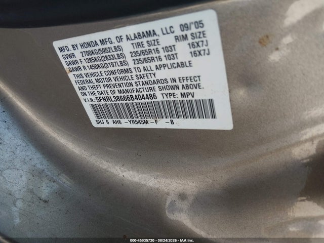 Продаж на аукціоні авто 2006 Honda Odyssey Ex-l, vin: 5FNRL38666B404486, номер лоту: 45935720