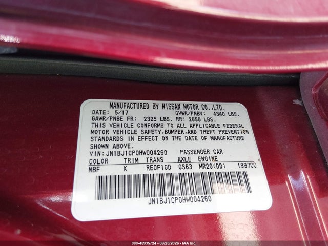 Aukcja sprzedaży 2017 Nissan Rogue Sport Sv, vin: JN1BJ1CP0HW004260, numer aukcji: 45935724