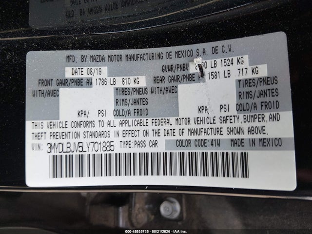 45935735 :رقم المزاد ، 3MYDLBJV5LY701885 vin ، 2020 Toyota Yaris Le مزاد بيع