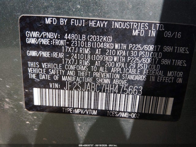 Subaru Forester 2.5i 2017 JF2SJABC7HH475663 Image 9