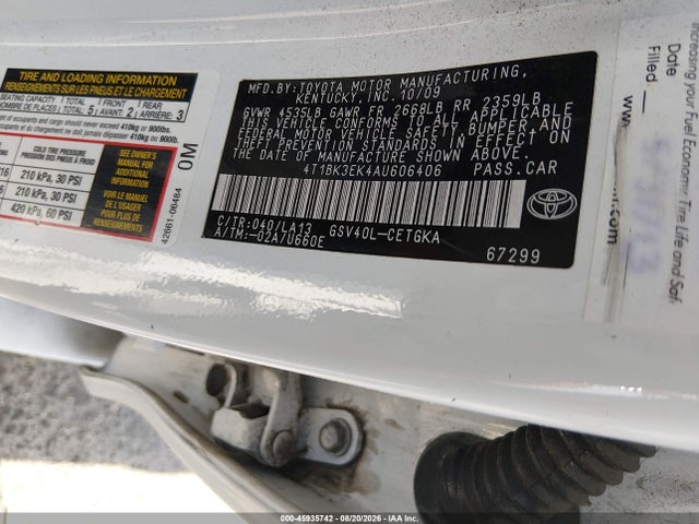 Auction sale of the 2010 Toyota Camry Xle V6, vin: 4T1BK3EK4AU606406, lot number: 45935742