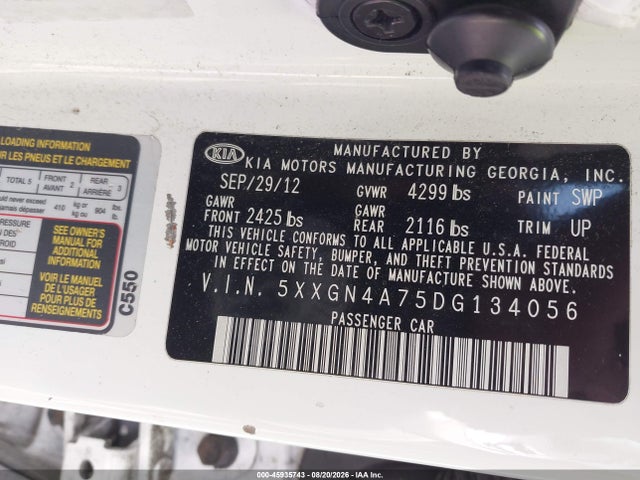 2013 Kia Optima Ex მანქანა იყიდება აუქციონზე, vin: 5XXGN4A75DG134056, აუქციონის ნომერი: 45935743