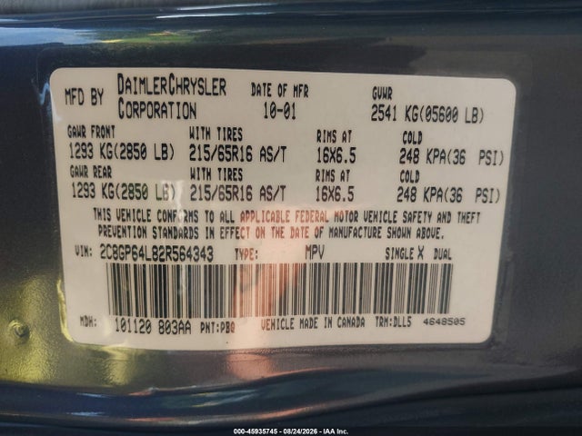 45935745 :رقم المزاد ، 2C8GP64L82R564343 vin ، 2002 Chrysler Town & Country Limited مزاد بيع