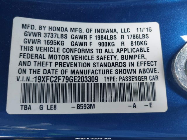 Honda CIVIC EX 2016 19XFC2F79GE203309 Image 9