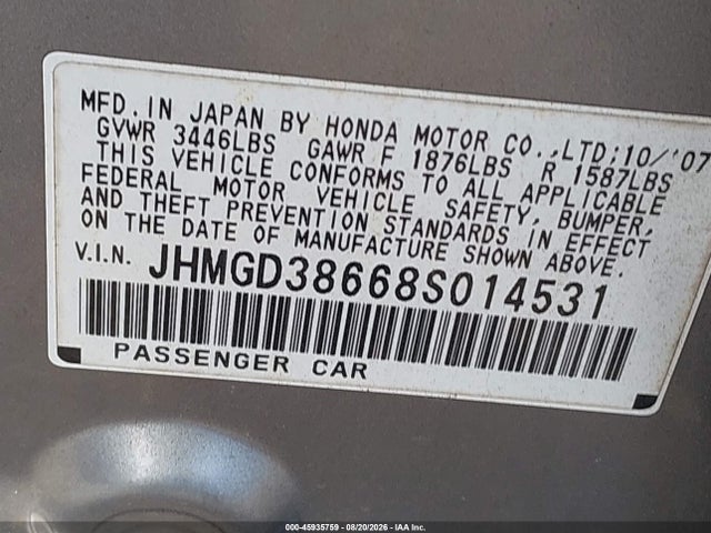 45935759 :رقم المزاد ، JHMGD38668S014531 vin ، 2008 Honda Fit Sport مزاد بيع