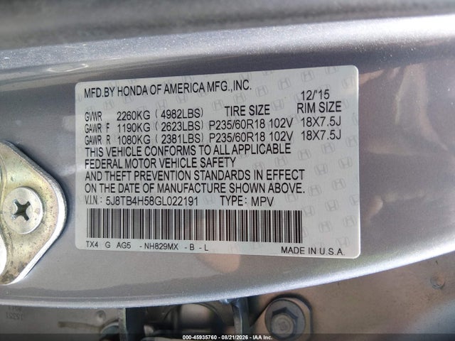 Aukcja sprzedaży 2016 Acura Rdx Technology   Acurawatch Plus Packages/technology Package, vin: 5J8TB4H58GL022191, numer aukcji: 45935760