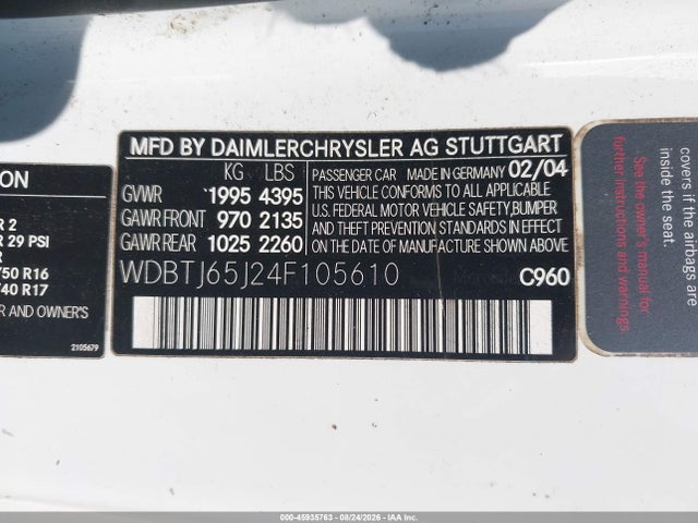 45935763 :رقم المزاد ، WDBTJ65J24F105610 vin ، 2004 Mercedes-benz Clk 320 مزاد بيع