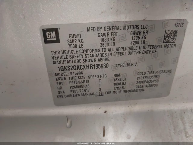 Aukcja sprzedaży 2017 Gmc Yukon Xl Slt, vin: 1GKS2GKCXHR195930, numer aukcji: 45935779
