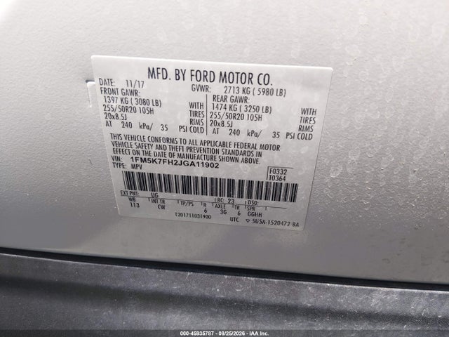 Auction sale of the 2018 Ford Explorer Limited, vin: 1FM5K7FH2JGA11902, lot number: 45935787