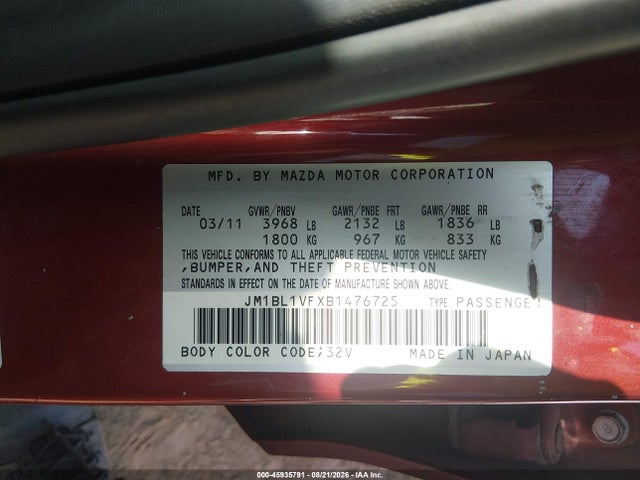 Aukcja sprzedaży 2011 Mazda Mazda3 I Touring, vin: JM1BL1VFXB1476725, numer aukcji: 45935791