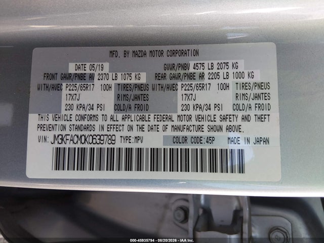 45935794 :رقم المزاد ، JM3KFACM0K0639789 vin ، 2019 Mazda Cx-5 Touring مزاد بيع