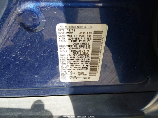 45935801 :رقم المزاد ، JN8AT2MT4LW031530 vin ، 2020 Nissan Rogue Sv Fwd مزاد بيع