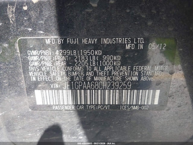 Aukcja sprzedaży 2012 Subaru Impreza 2.0i, vin: JF1GPAA68CH239259, numer aukcji: 45935803
