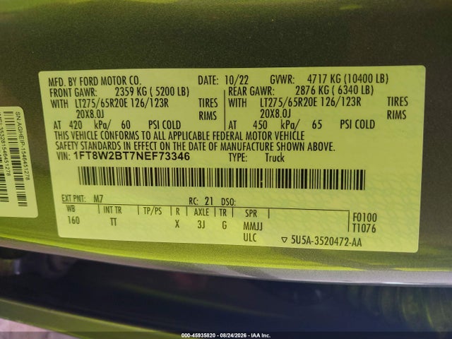 2022 Ford F-250 Limited მანქანა იყიდება აუქციონზე, vin: 1FT8W2BT7NEF73346, აუქციონის ნომერი: 45935820