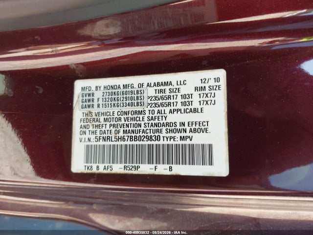 Продажа на аукционе авто 2011 Honda Odyssey Ex-l, vin: 5FNRL5H67BB029830, номер лота: 45935832