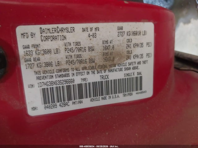 Aukcja sprzedaży 2003 Dodge Dakota Sport/sxt, vin: 1D7HG38X63S296660, numer aukcji: 45935834