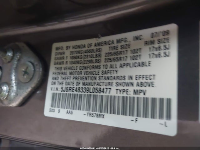 Aukcja sprzedaży 2009 Honda Cr-v Lx, vin: 5J6RE48339L058477, numer aukcji: 45935841