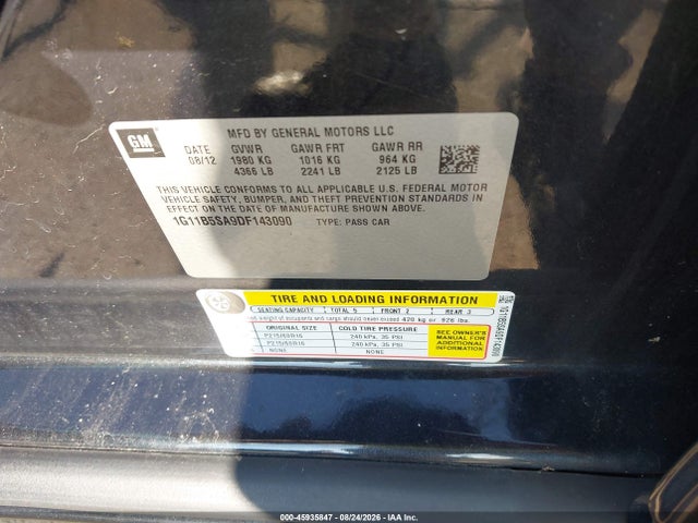 Aukcja sprzedaży 2013 Chevrolet Malibu 1ls, vin: 1G11B5SA9DF143090, numer aukcji: 45935847