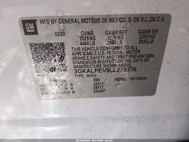 Aukcja sprzedaży 2020 Gmc Terrain Fwd Slt, vin: 3GKALPEV9LL273376, numer aukcji: 45935857