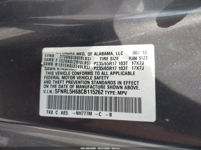 Продажа на аукционе авто 2012 Honda Odyssey Ex-l, vin: 5FNRL5H68CB115262, номер лота: 45935866