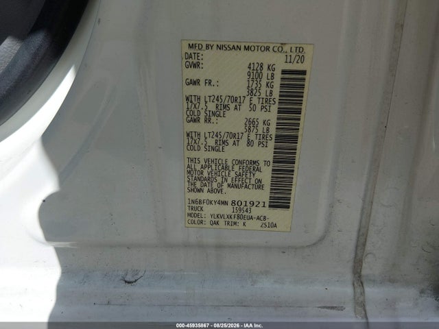 Aukcja sprzedaży 2021 Nissan Nv Cargo Nv2500 Hd Sv Standard Roof V6, vin: 1N6BF0KY4MN801921, numer aukcji: 45935867