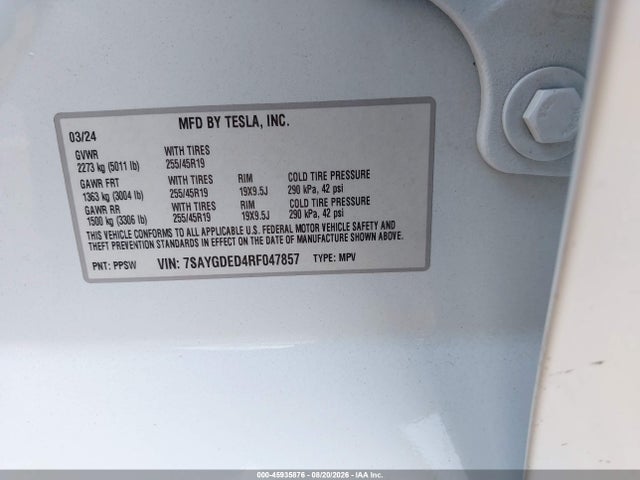 Aukcja sprzedaży 2024 Tesla Model Y Long Range Single Motor Rear-wheel Drive/rwd, vin: 7SAYGDED4RF047857, numer aukcji: 45935876