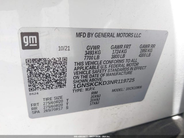 Auction sale of the 2022 Chevrolet Suburban 4wd Lt, vin: 1GNSKCKD3NR119725, lot number: 45935877