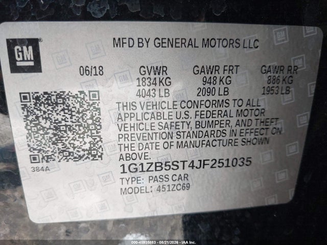 Aukcja sprzedaży 2018 Chevrolet Malibu 1ls, vin: 1G1ZB5ST4JF251035, numer aukcji: 45935883