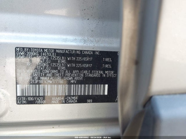 45935892 :رقم المزاد ، 2T3P1RFV2MW177766 vin ، 2021 Toyota Rav4 Xle مزاد بيع