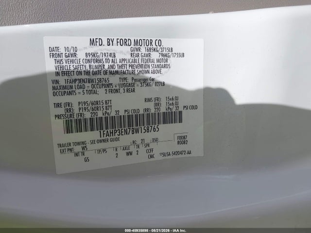 45935898 :رقم المزاد ، 1FAHP3EN7BW158765 vin ، 2011 Ford Focus S مزاد بيع