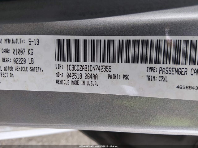 45935901 :رقم المزاد ، 1C3CDZAB1DN742359 vin ، 2013 Dodge Avenger Se مزاد بيع