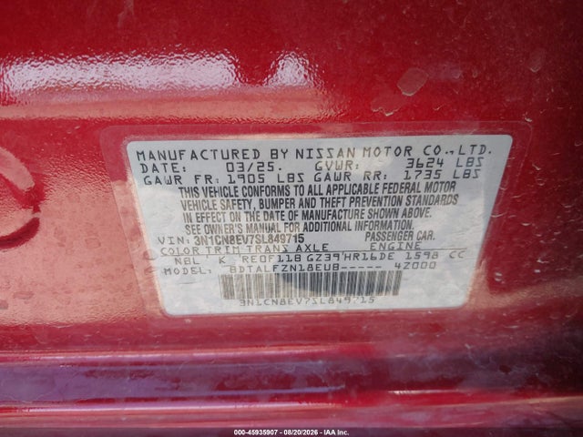 2025 Nissan Versa 1.6 Sv მანქანა იყიდება აუქციონზე, vin: 3N1CN8EV7SL849715, აუქციონის ნომერი: 45935907