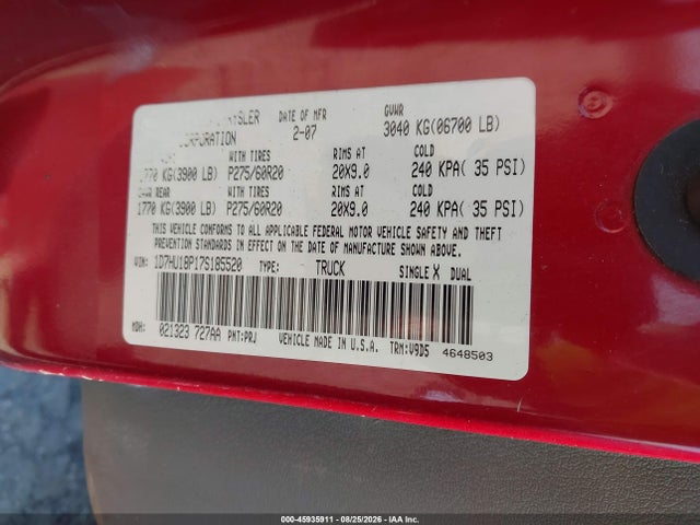 2007 Dodge Ram 1500 St/slt მანქანა იყიდება აუქციონზე, vin: 1D7HU18P17S185520, აუქციონის ნომერი: 45935911