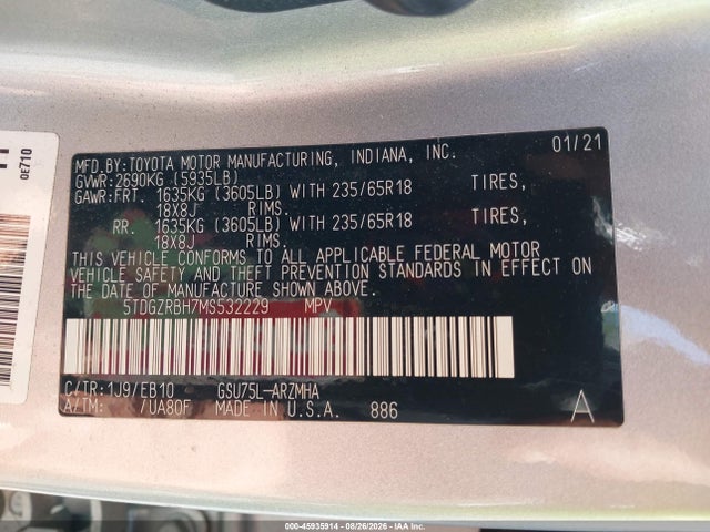 45935914 :رقم المزاد ، 5TDGZRBH7MS532229 vin ، 2021 Toyota Highlander Xle مزاد بيع