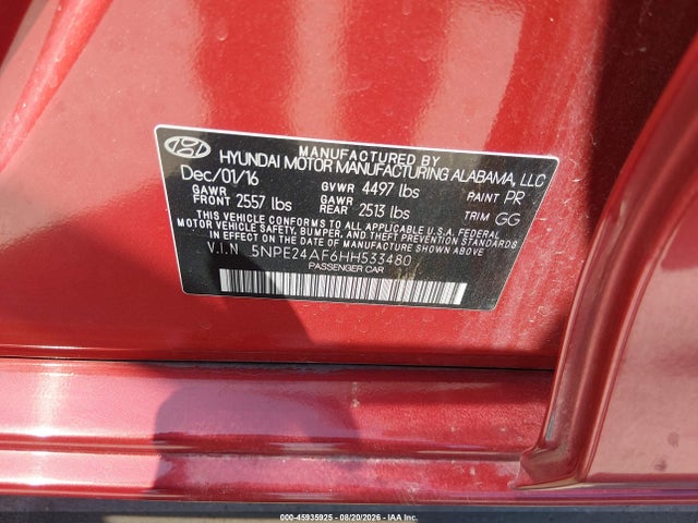 2017 Hyundai Sonata მანქანა იყიდება აუქციონზე, vin: 5NPE24AF6HH533480, აუქციონის ნომერი: 45935925