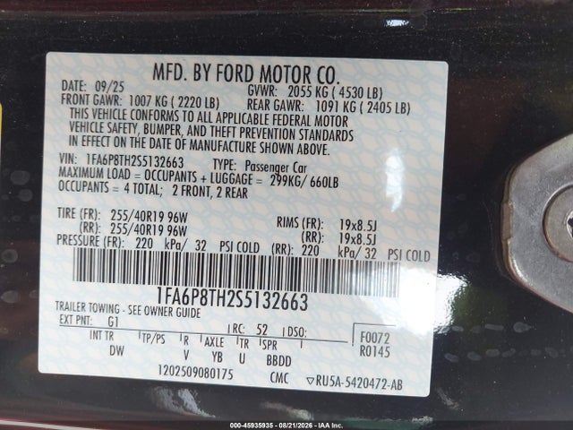 45935935 :رقم المزاد ، 1FA6P8TH2S5132663 vin ، 2025 Ford Mustang Ecoboost Fastback مزاد بيع